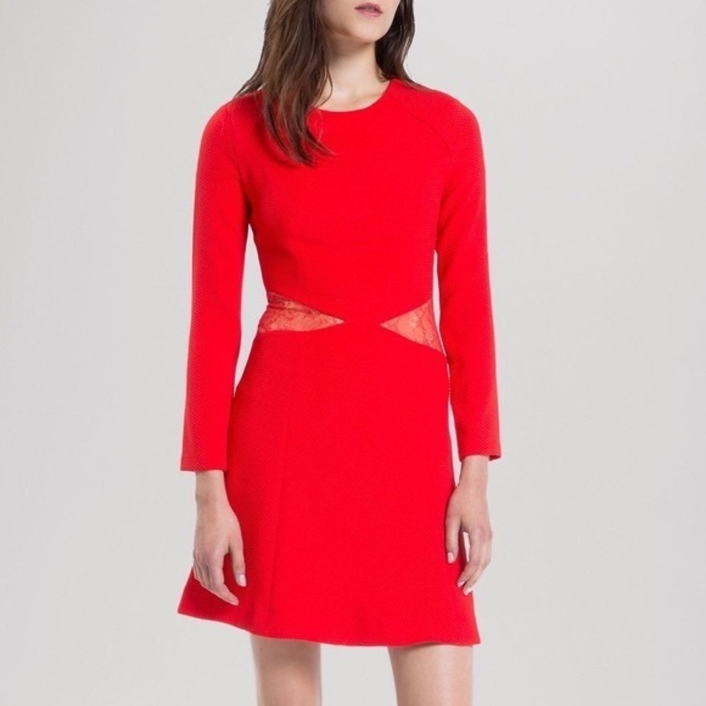 Sandro Paris Rayke Red Lace Cutout Jersey Dress
